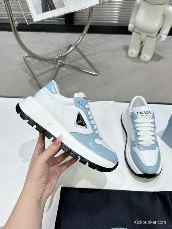 2025 Women Prada Light Blue White Leather Sneakers KFY00310