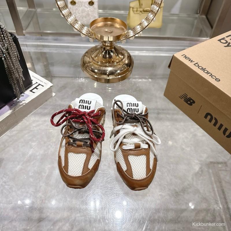 2025 Women Miumiu Brown White Leather Mesh Sneakers
