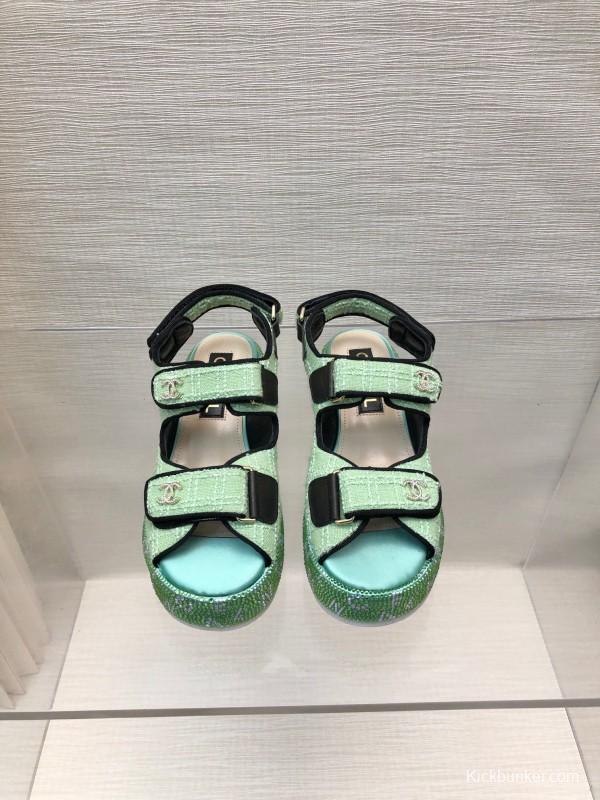 2025 Slippers Chanel Mint Green Textile Platform Sandals LY00330