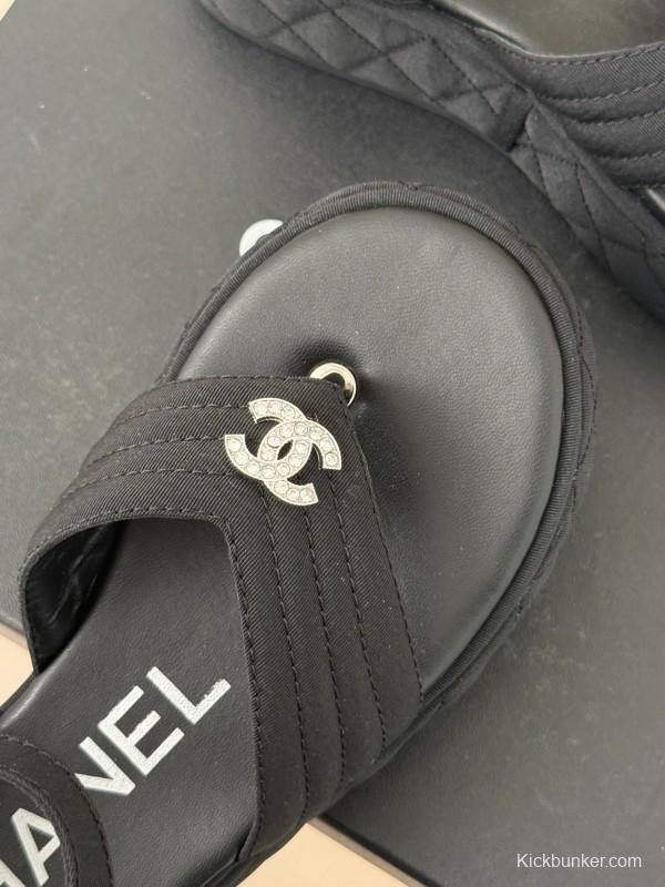 2025 Women Chanel Black Fabric Platform Sandals