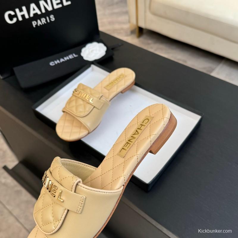 2025 Women Chanel Beige Leather Slippers