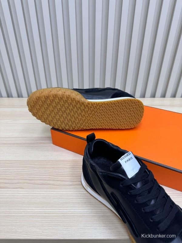 2025 Unisex Hermès Black Brown Suede Goat Leather Down Fabric Sneakers Top Version KFY00300