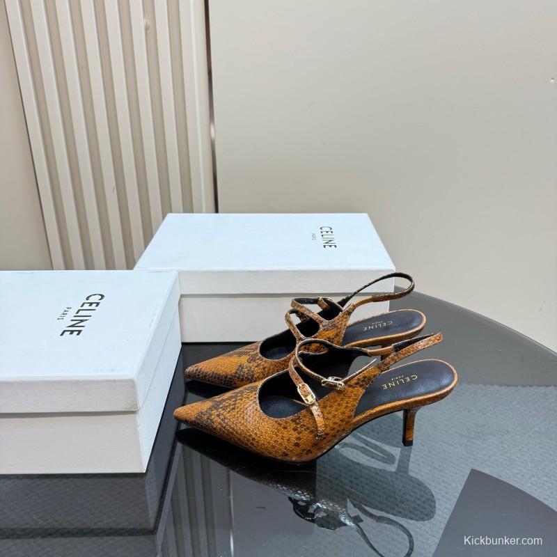 2025 Women Celine Brown Snake Leather Pointed Toe Slingback Heels