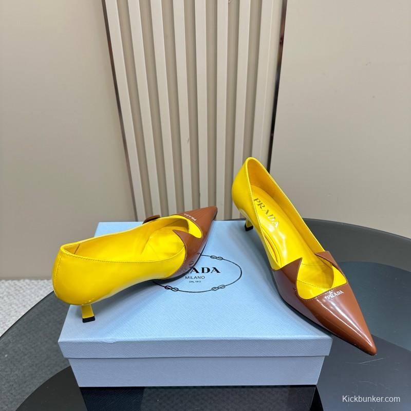 2025 Women Prada Brown Yellow Leather Heels KFY00310