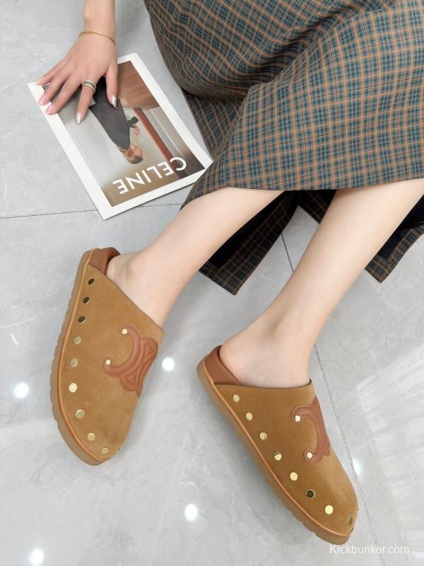 2025 Slippers Celine Brown Suede Leather Slippers LY00240