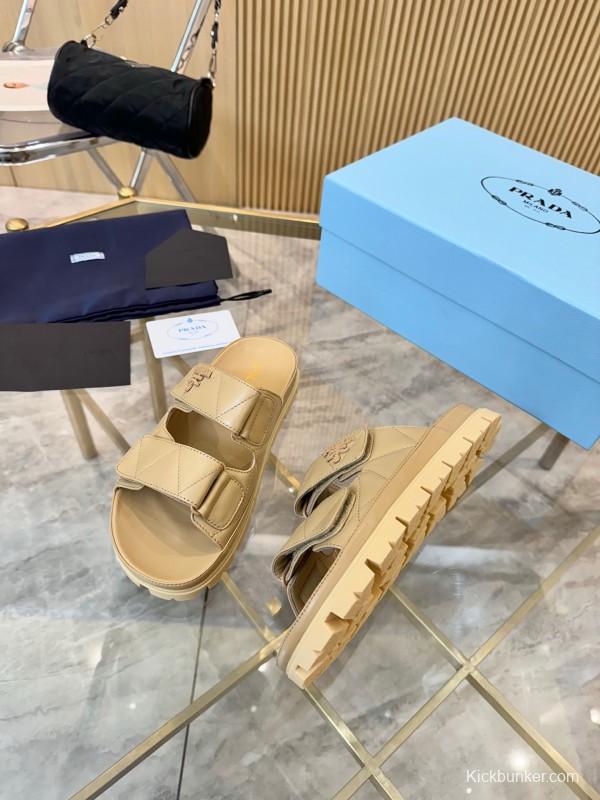 2025 Women Prada Beige Leather Sandals LY00270
