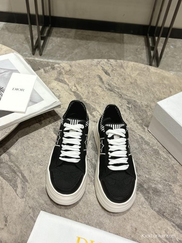 2025 Women Dior Black White Knit Leather Platform Sneakers KFY00330