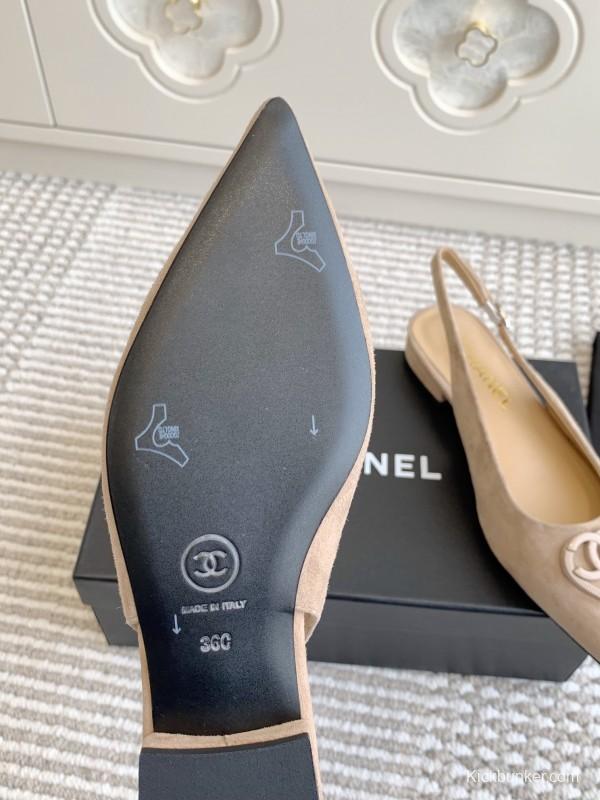 2025 Women Chanel Beige Suede Slingback Heart Logo KFY00300