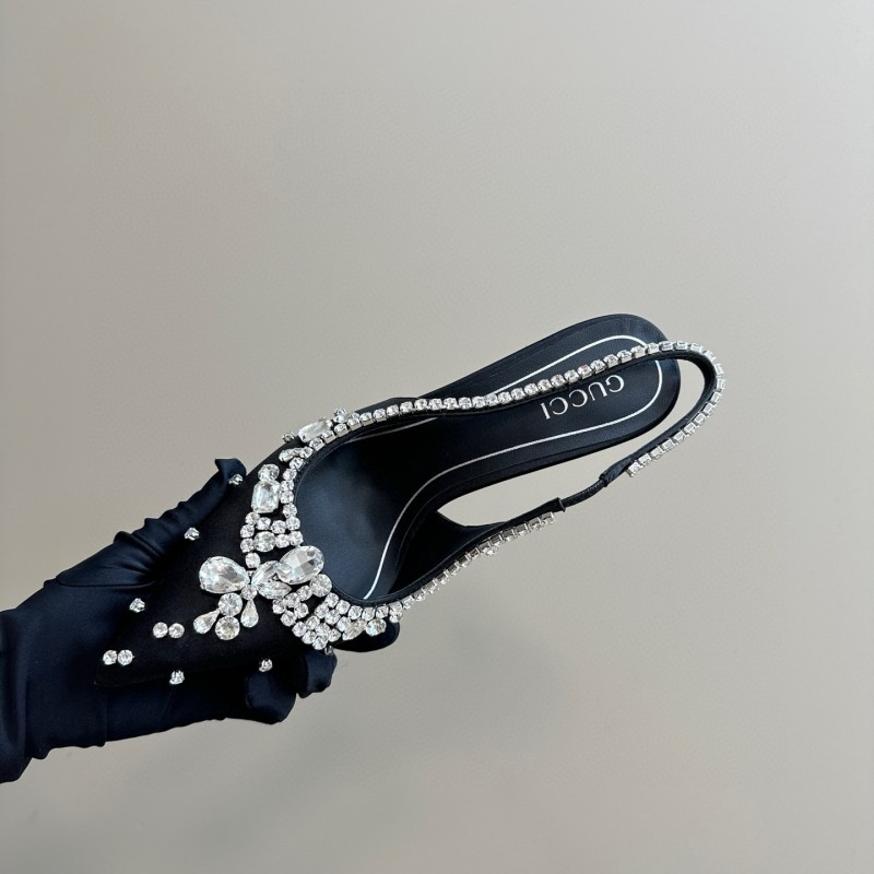 2025 Women Gucci Black Satin Slingback Heels Rhinestone MJ00340