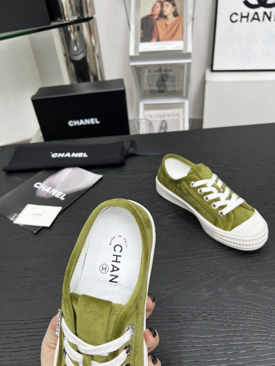 2025 Women Chanel Green Suede Casual Sneakers LY00230
