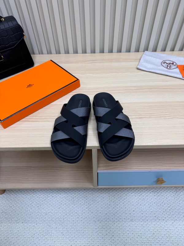 2025 Unisex Hermès Black Grey Leather Slippers