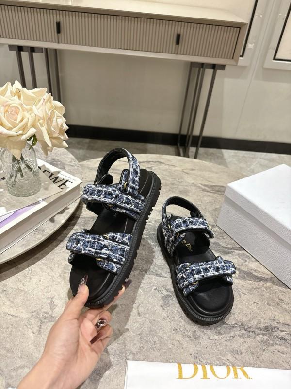2025 Women Dior Black Blue White Fabric Leather Sandals KFY00300