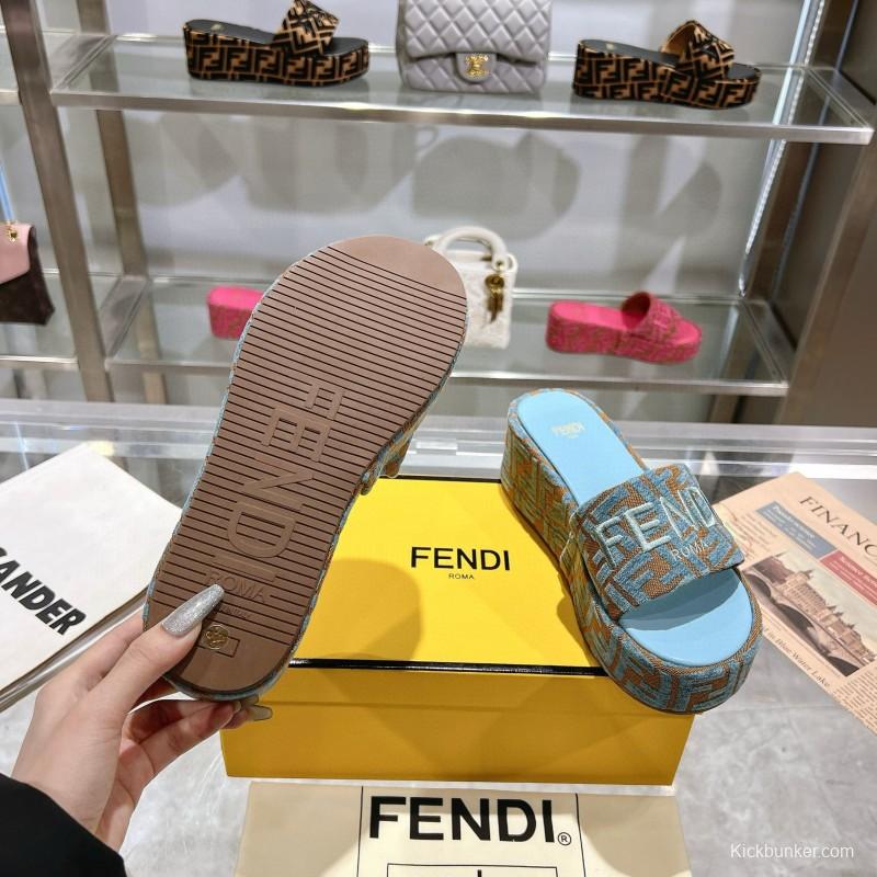 2025 Women Fendi Blue Brown Canvas Slippers