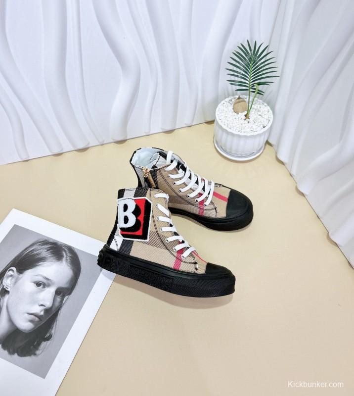 2024 Kids Burberry Beige Black White Canvas Leather High-top Sneakers