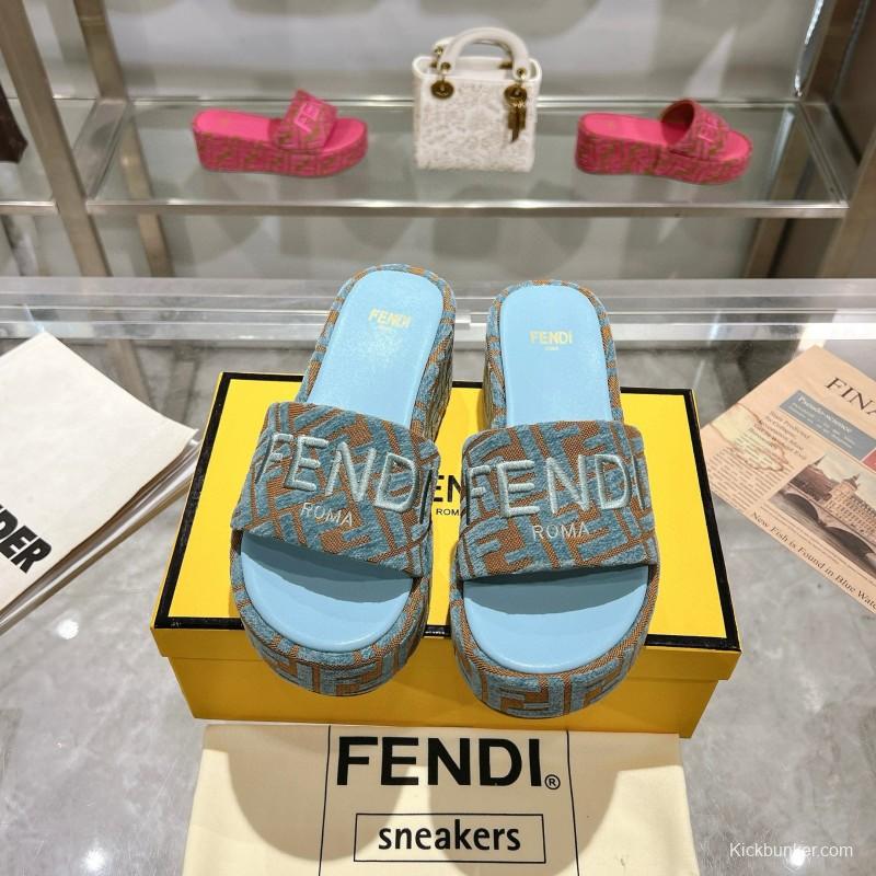 2025 Women Fendi Blue Brown Canvas Slippers