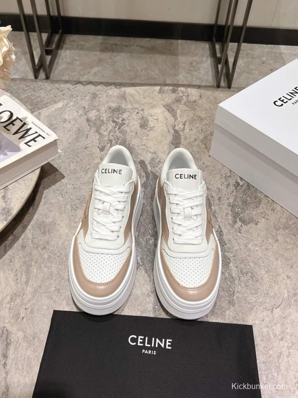 2025 Women Celine Beige White Leather Platform Sneakers