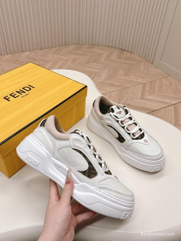 2024 Women Fendi White Beige Leather Sneakers