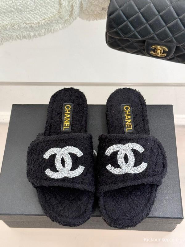 2025 Women Chanel Black Terry Cloth Slippers KFY00220