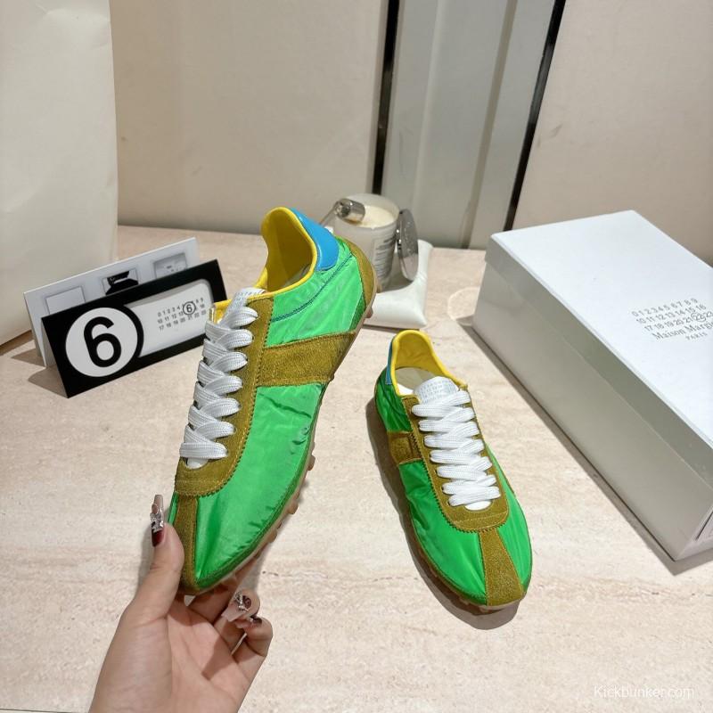 2025 Unisex Maison Margiela Green Yellow Leather Nylon Suede Sneakers Distressed