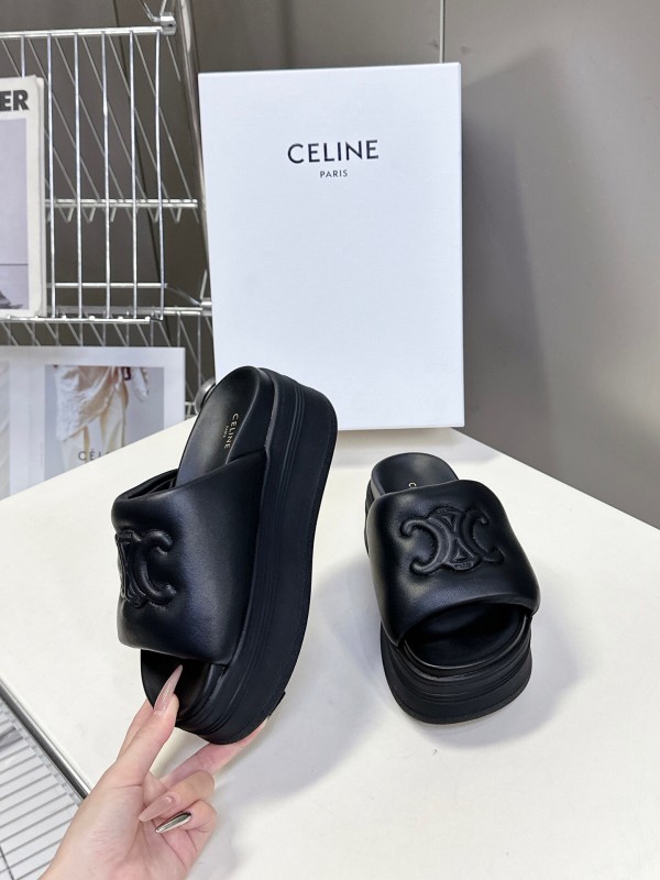 2025 Women Celine Black Leather Slippers