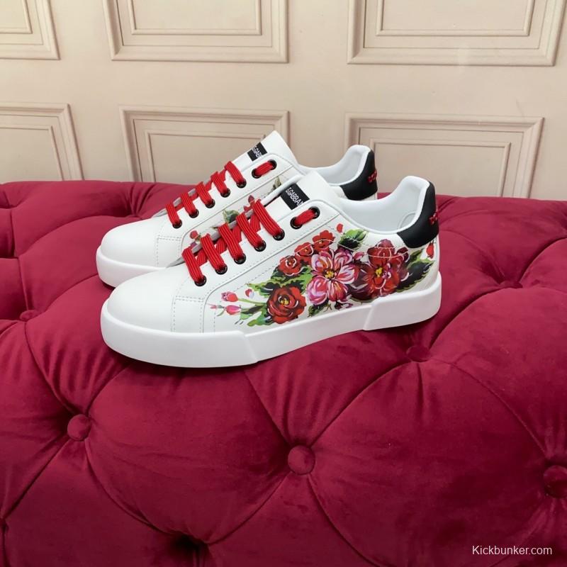 2025 Women Dolce & Gabbana White Red Leather Sneakers Floral LY00300