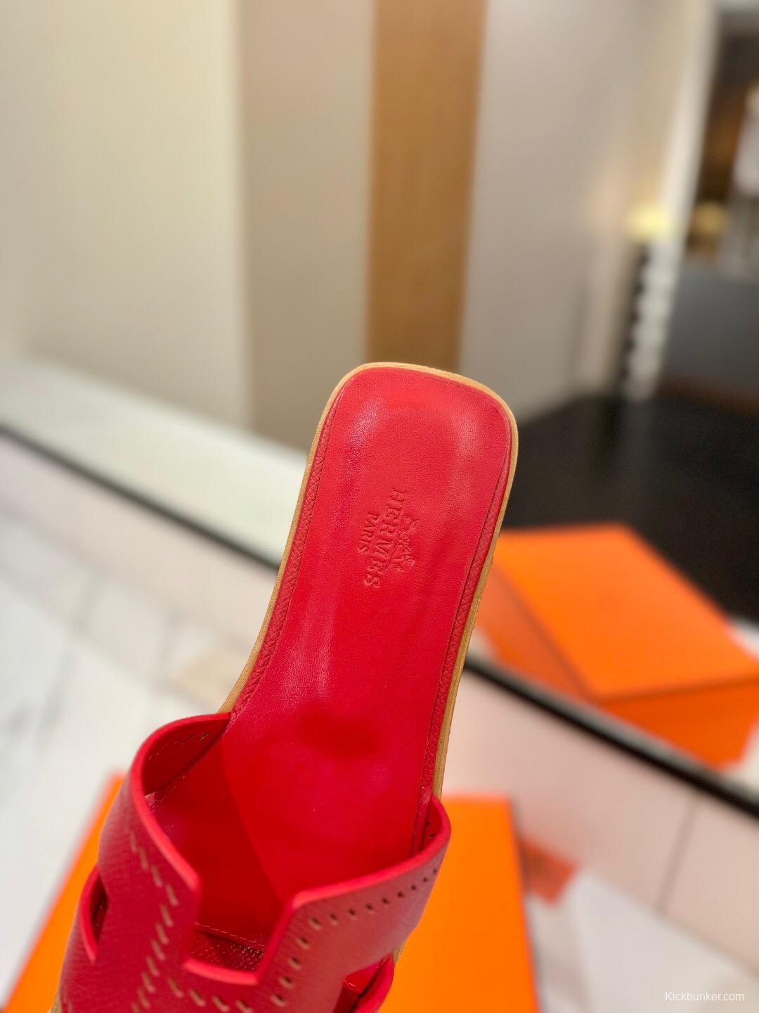 2025 Women Hermès Red Leather Slippers