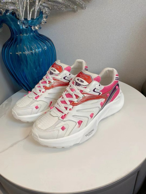 2024 Unisex Valentino White Pink Mesh Leather Sneakers MJ00410