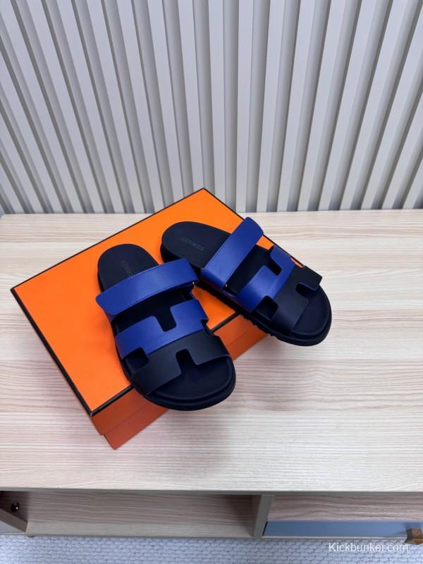 2025 Slippers Hermès Blue Black Leather Slippers