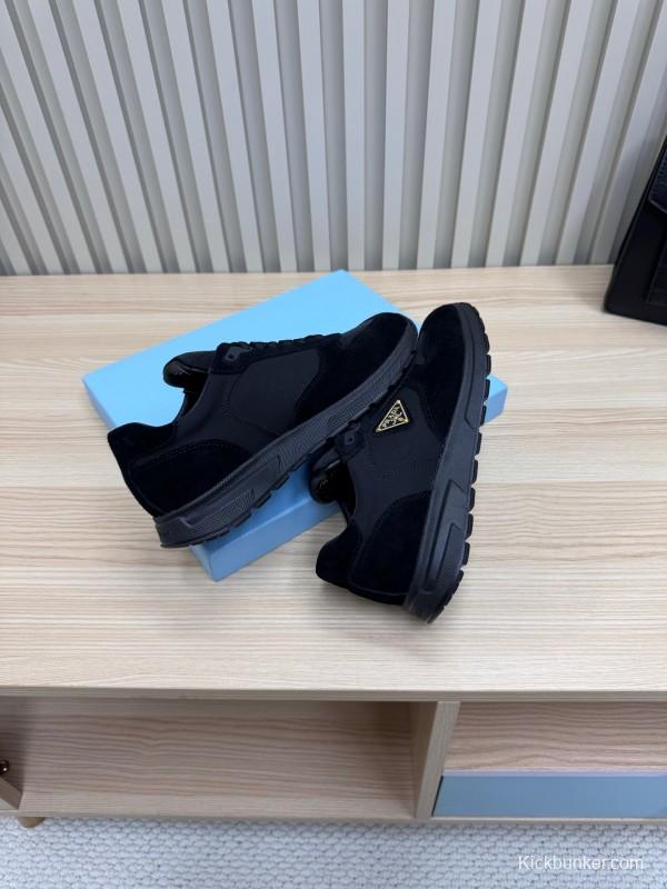 2025 Women Prada Black Suede Nylon Sneakers LY00300