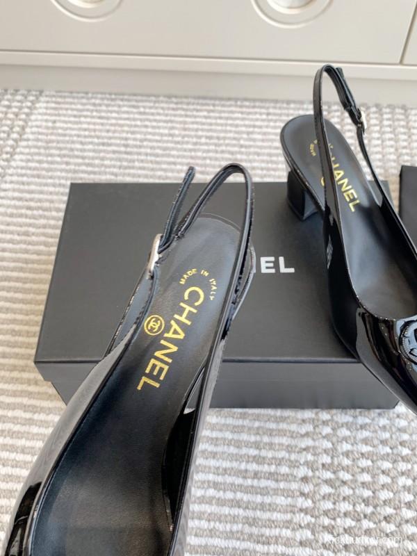 2025 Women Chanel Black Patent Leather Slingback Pumps Heart CC KFY00300
