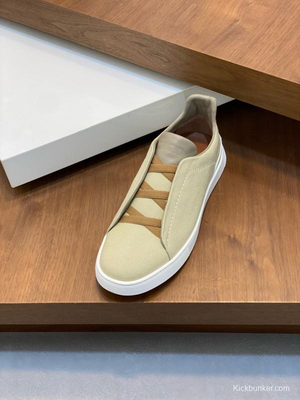 2024 Unisex Ermenegildo Zegna Beige Leather Fabric Sneaker MJ00280