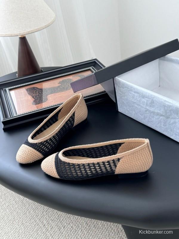2025 Women Chanel Black Beige Knit Ballet Flats