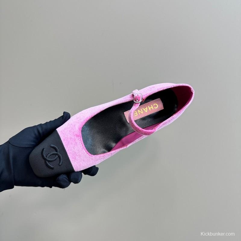 2025 Women Chanel Pink Black Velvet Mary Jane Shoes