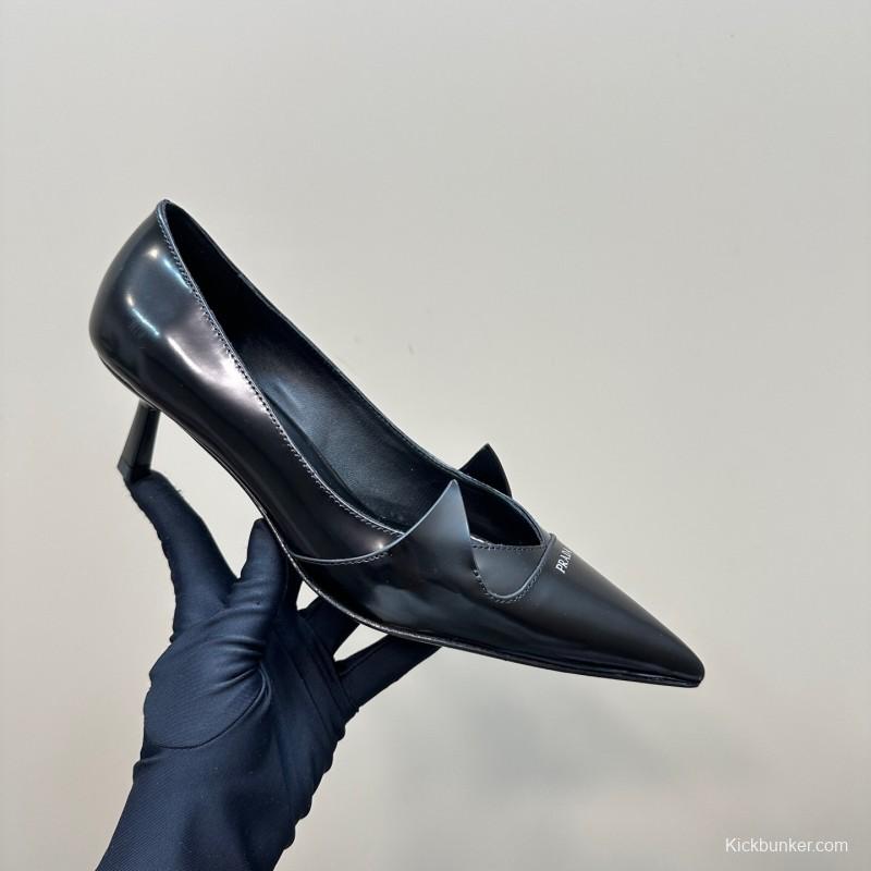 2025 Women Prada Black Leather Heels KFY00310