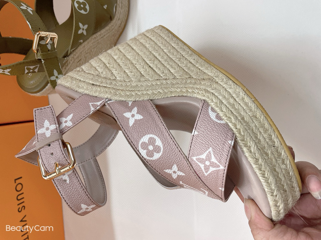 2025 Women Louis Vuitton Brown Beige Canvas Leather Wedge Sandals MJ00280
