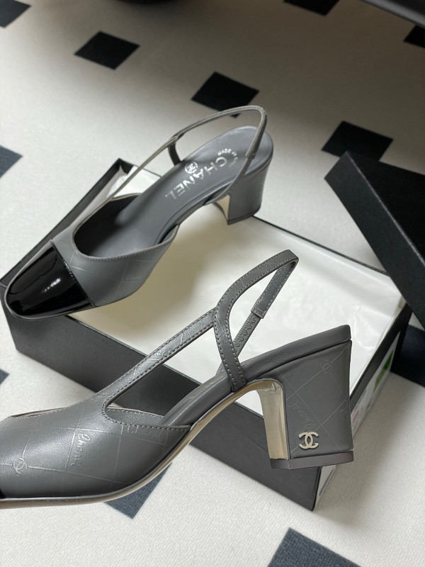 2025 Women Chanel Grey Black Leather Sling-back Heel