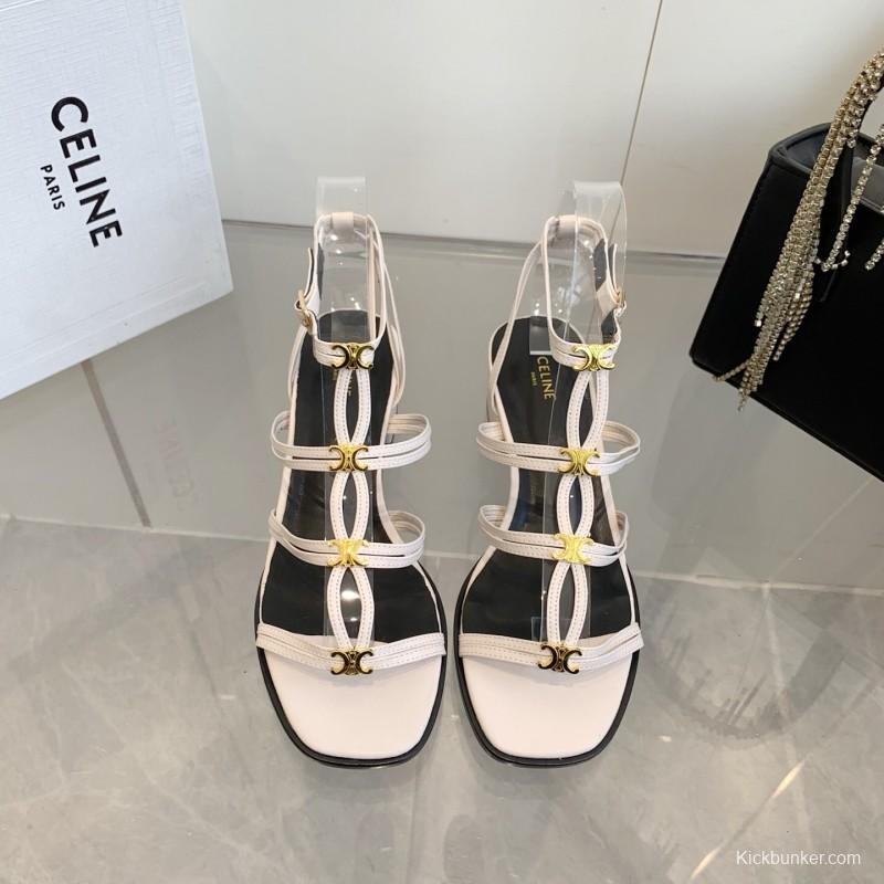 2025 Women CELINE White Leather Sandals Metal Detail KFY00300