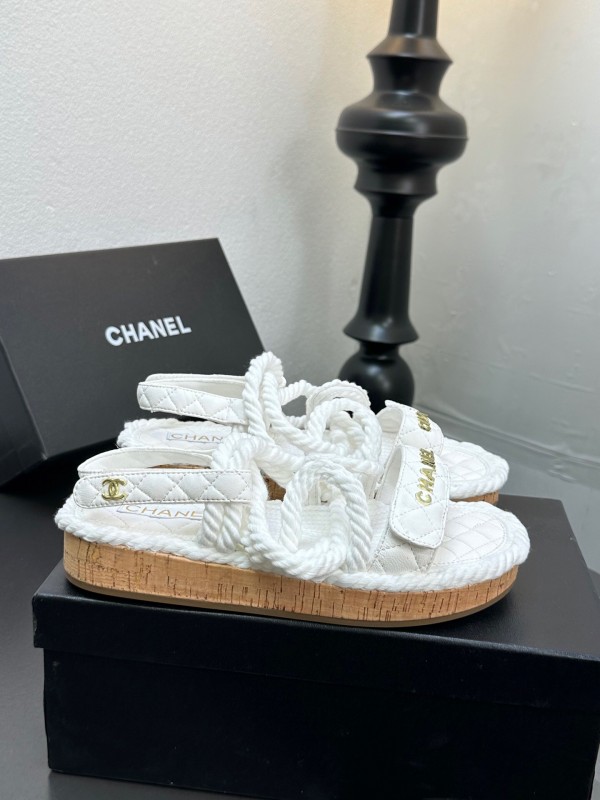 2025 Women Chanel White Leather Roped Espadrille Sandals LY00260