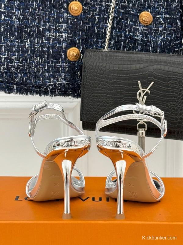 2025 Women Louis Vuitton Silver Calfskin Leather Strappy High Heel Sandals KFY00280