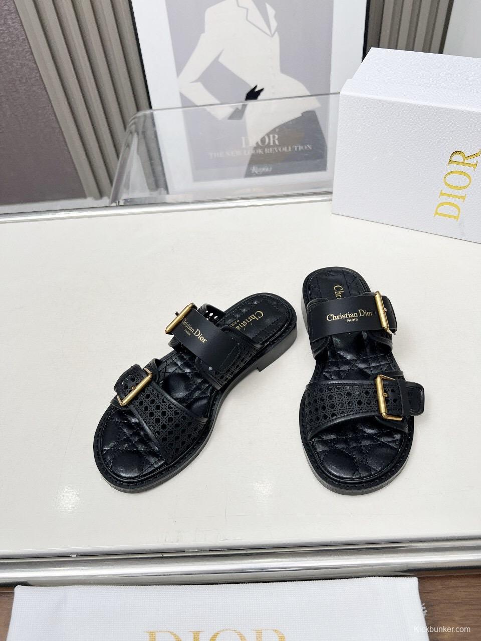 2025 Women Dior Black Leather Slippers