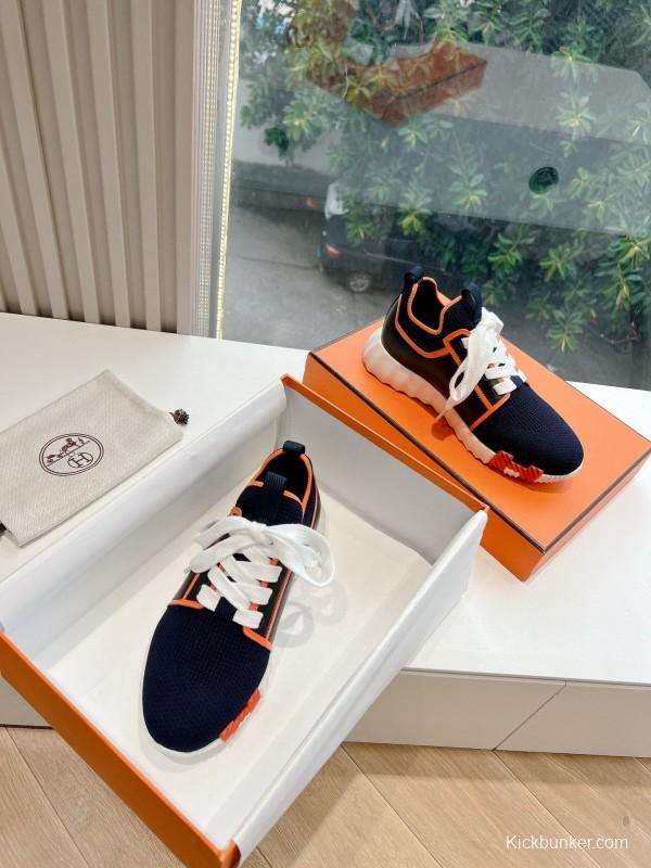 2024 Unisex Hermès navy orange knit leather sneakers