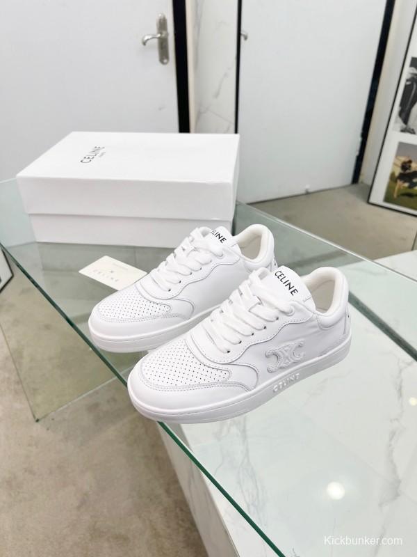2025 Women Celine White Leather Sneakers Block Triomphe KFY00260