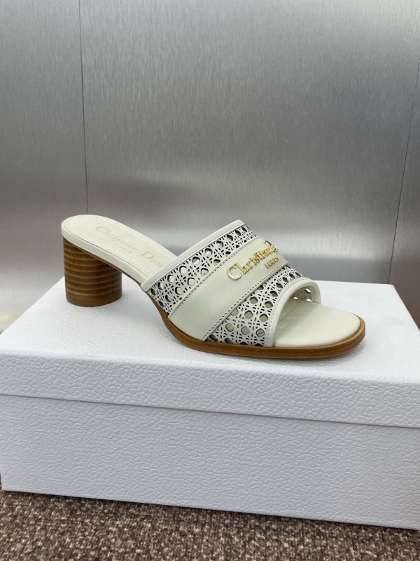 2025 Women Dior White Leather Sandals CD Pattern Low Heel KFY00310