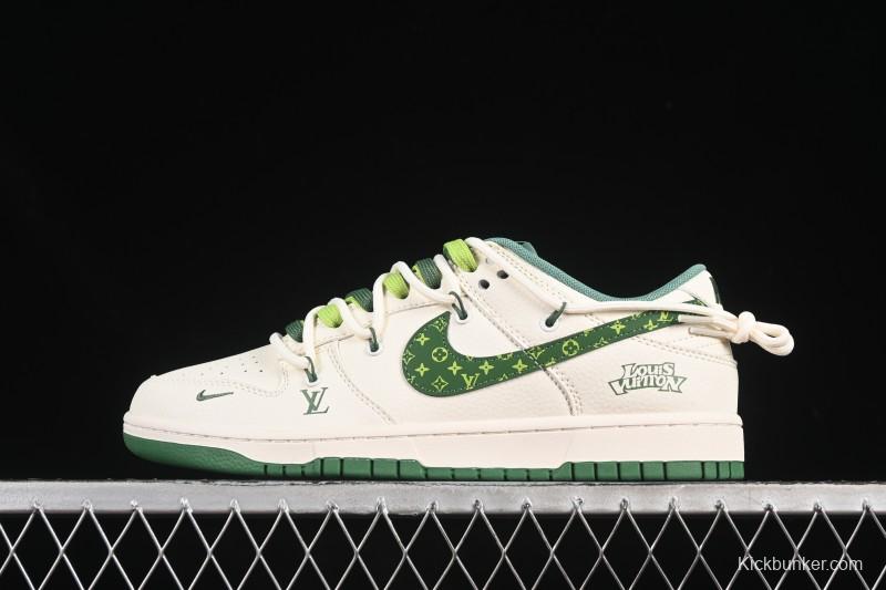 Nike SB Dunk Low LV Collaboration Strap Pattern Green Swoosh Anniversary High-End Custom Low-Top Casual Skate Shoes - DM6868-075