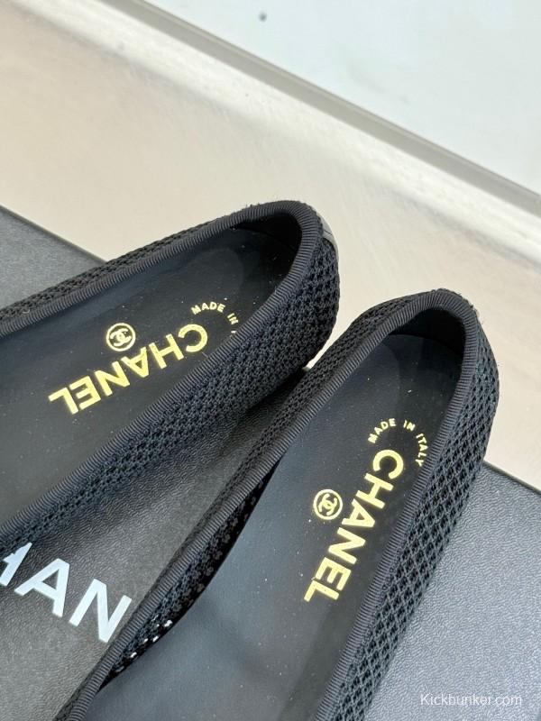 2025 Women Chanel Black White Mesh Leather Ballet Flats KFY00260