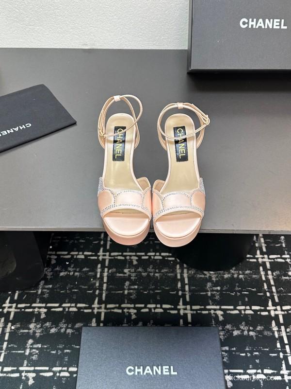 2025 Women Chanel Pink Satin Rhinestone Platform Sandals KFY00320