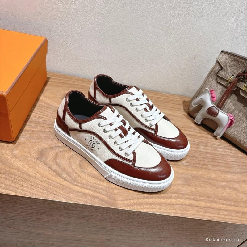 2025 Unisex Hermes Brown White Fabric Leather Sneakers AS00380