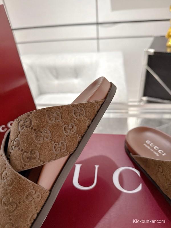 2025 Women Gucci Brown Suede Slippers GG Embossed AS00240