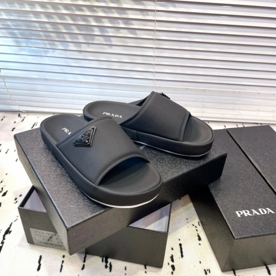 2025 Men Prada Black Fabric Slippers Logo KFY00230