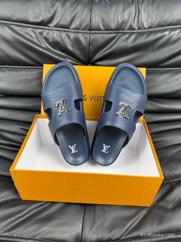 2025 Men Louis Vuitton Blue Leather Slippers AS00170